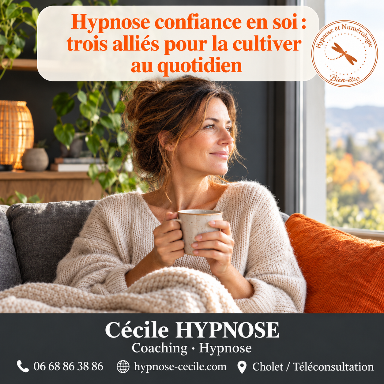 Hypnose confiance en soi : femme sereine près d'une fenêtre, dans une lumière douce et chaleureuse